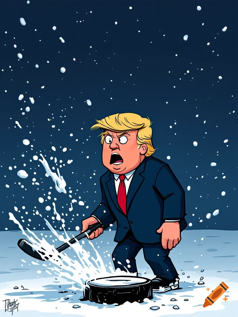 A cartoon shows a surprised figure resembling Trump holding a hockey stick over a puck on snowy ice.