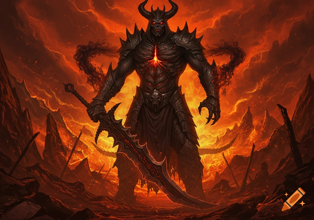 A horned demon in dark armor with a sword stands in a fiery landscape.