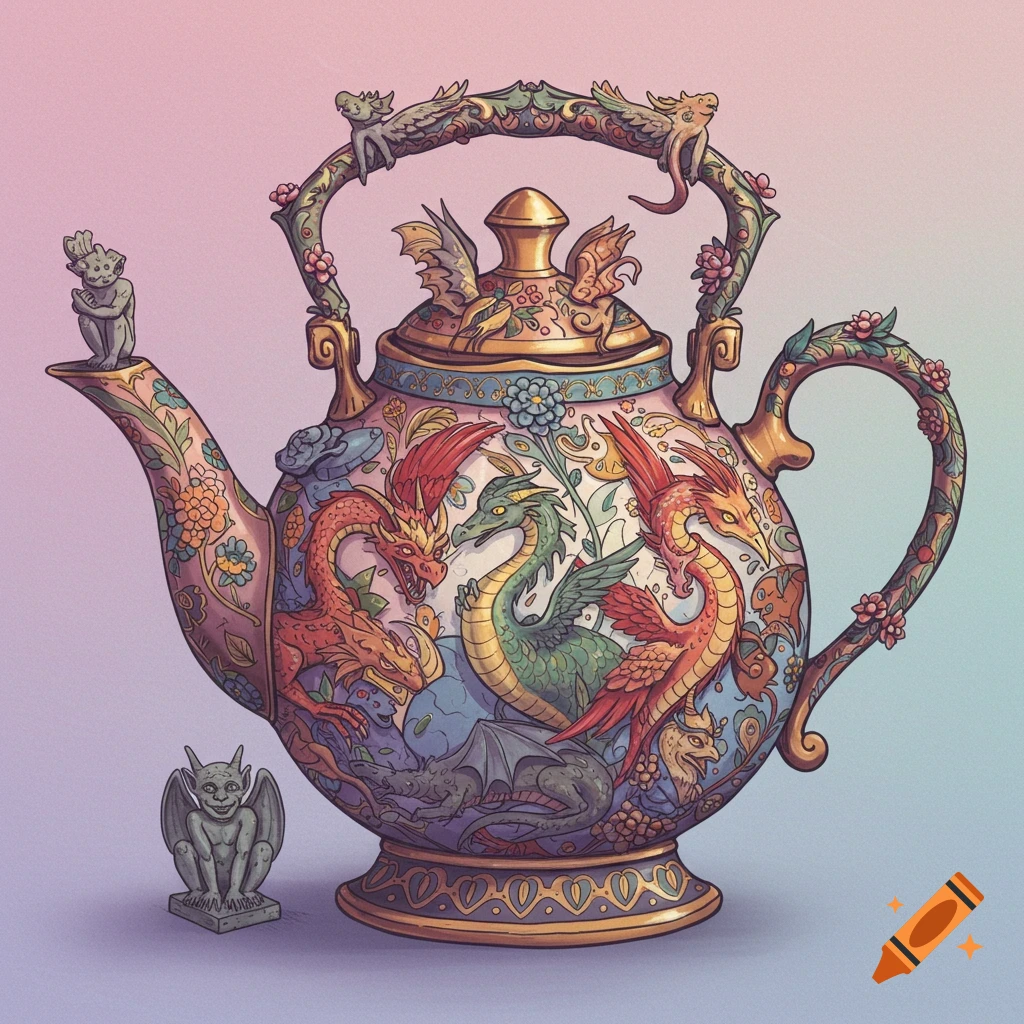 A decorative teapot covered in illustrations of red and green dragons, with a gargoyle statue next to it.