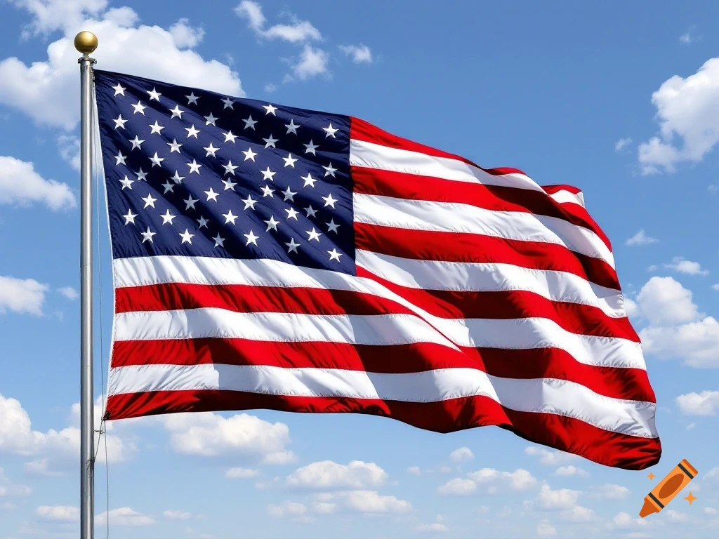 An American flag waves against a blue sky with clouds.