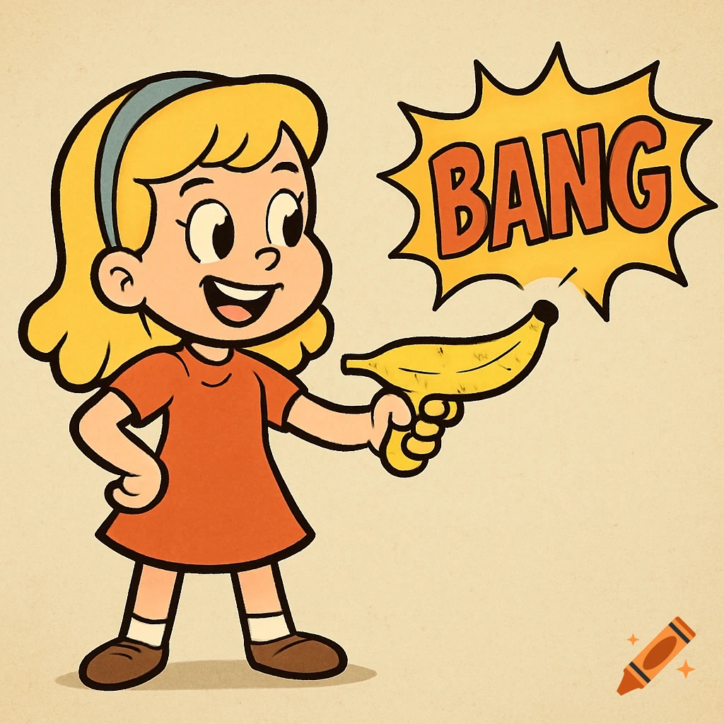 Cartoon girl holding a banana gun with a 'BANG' comic effect