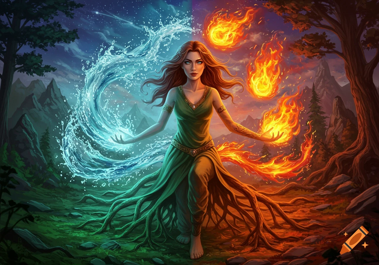 A woman with water and fire powers stands in a mystical landscape.