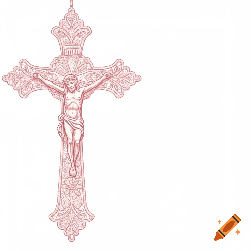 Light pink lace digital drawing of a crucifix with Jesus on a white background, positioned left.