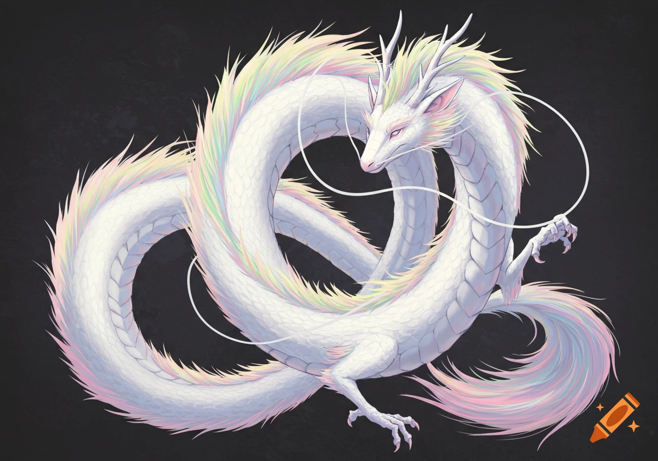 A white serpentine dragon with a pastel mane coils against a dark background, rendered in fine line work.