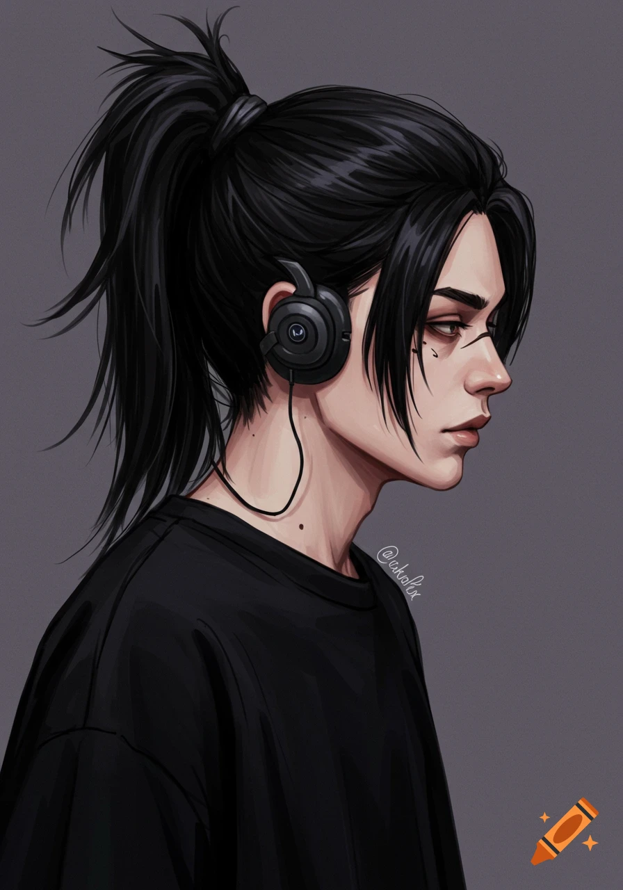Young man with a ponytail wearing headphones.