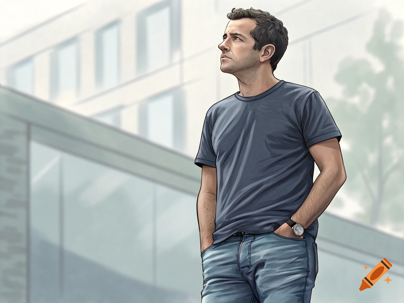 Illustration of a man standing outside a building with his hands in his pockets