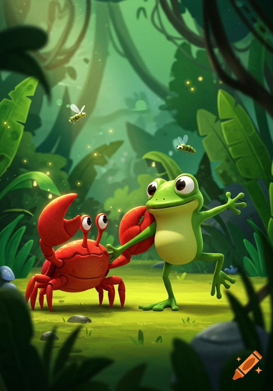 Cartoon frog and crab dancing together in a jungle with flies and fireflies.