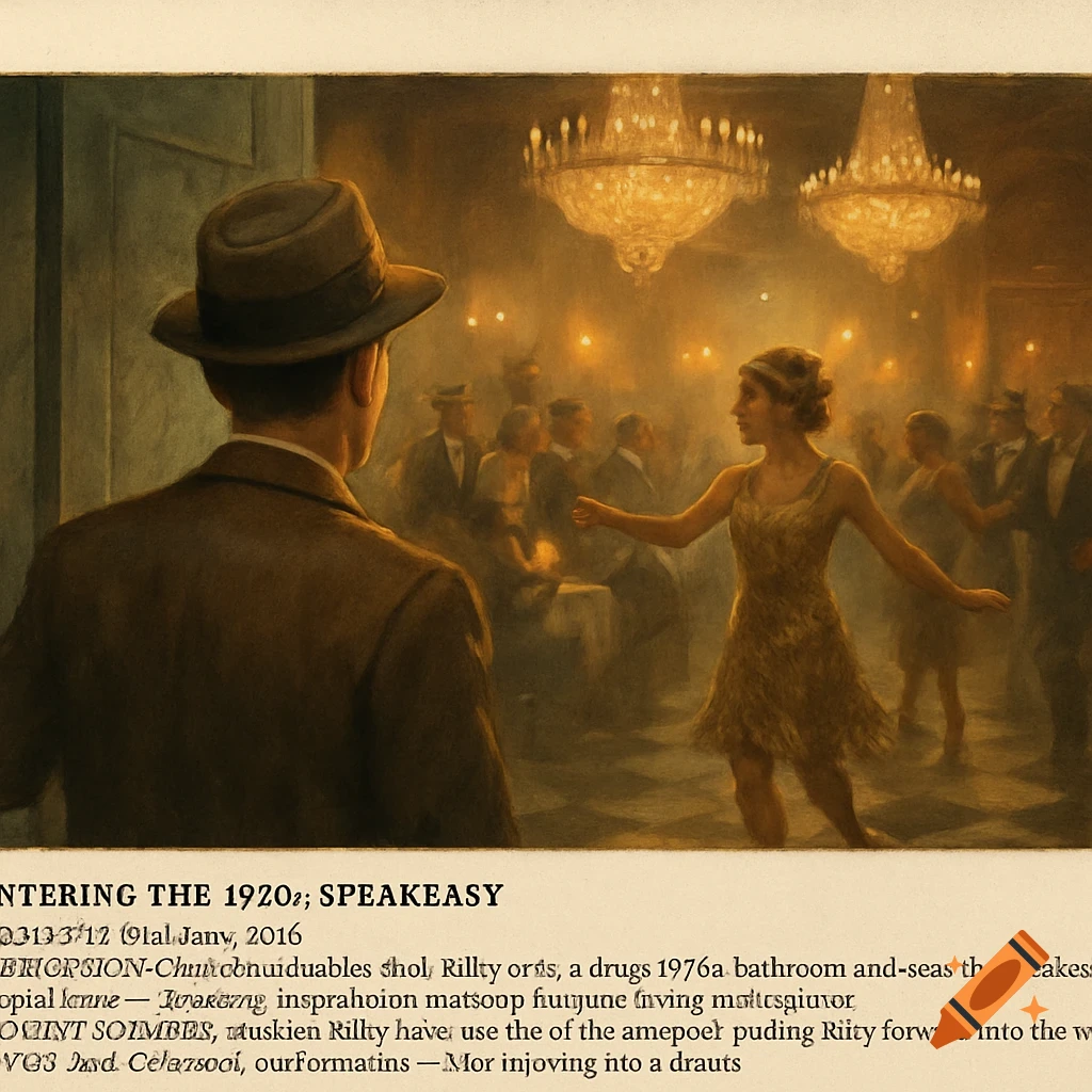A man in a hat looks into a dimly lit 1920s speakeasy with chandeliers and dancing people.