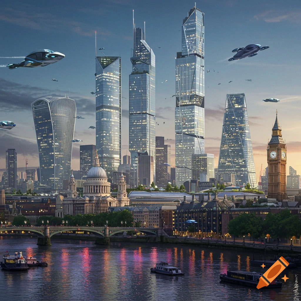 A futuristic London cityscape with skyscrapers, Big Ben, and flying vehicles over the Thames.
