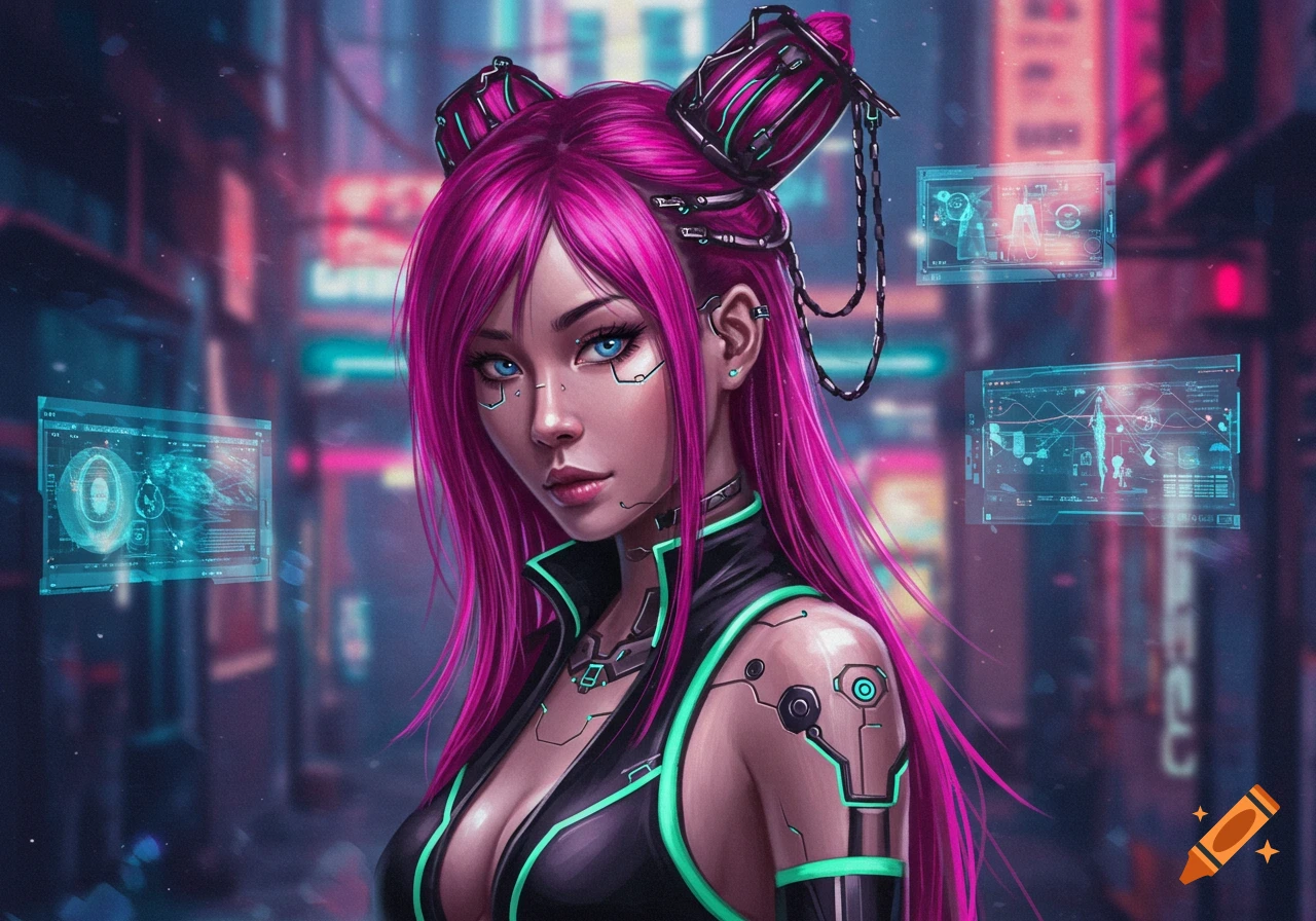 A woman with pink hair and glowing cybernetic elements is in a futuristic city.