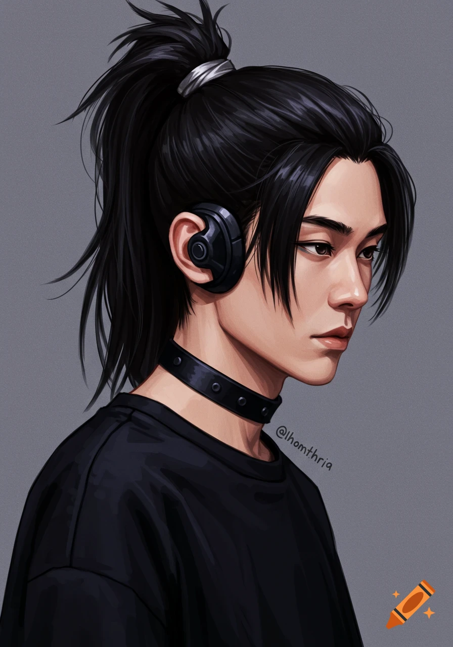 Young man with a ponytail, headphones, and black choker.