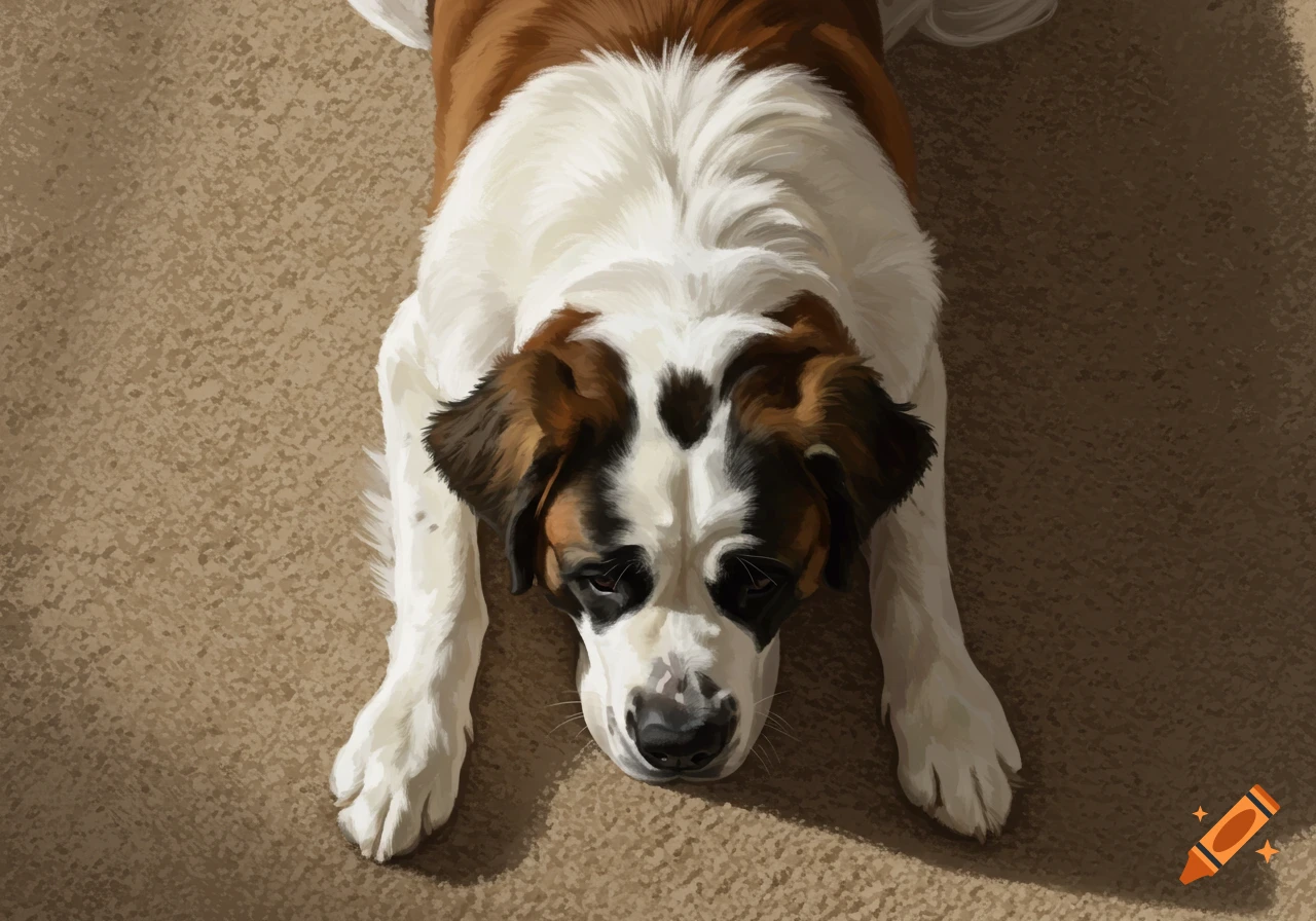 Top view of a Saint Bernard dog sleeping on a floor.
