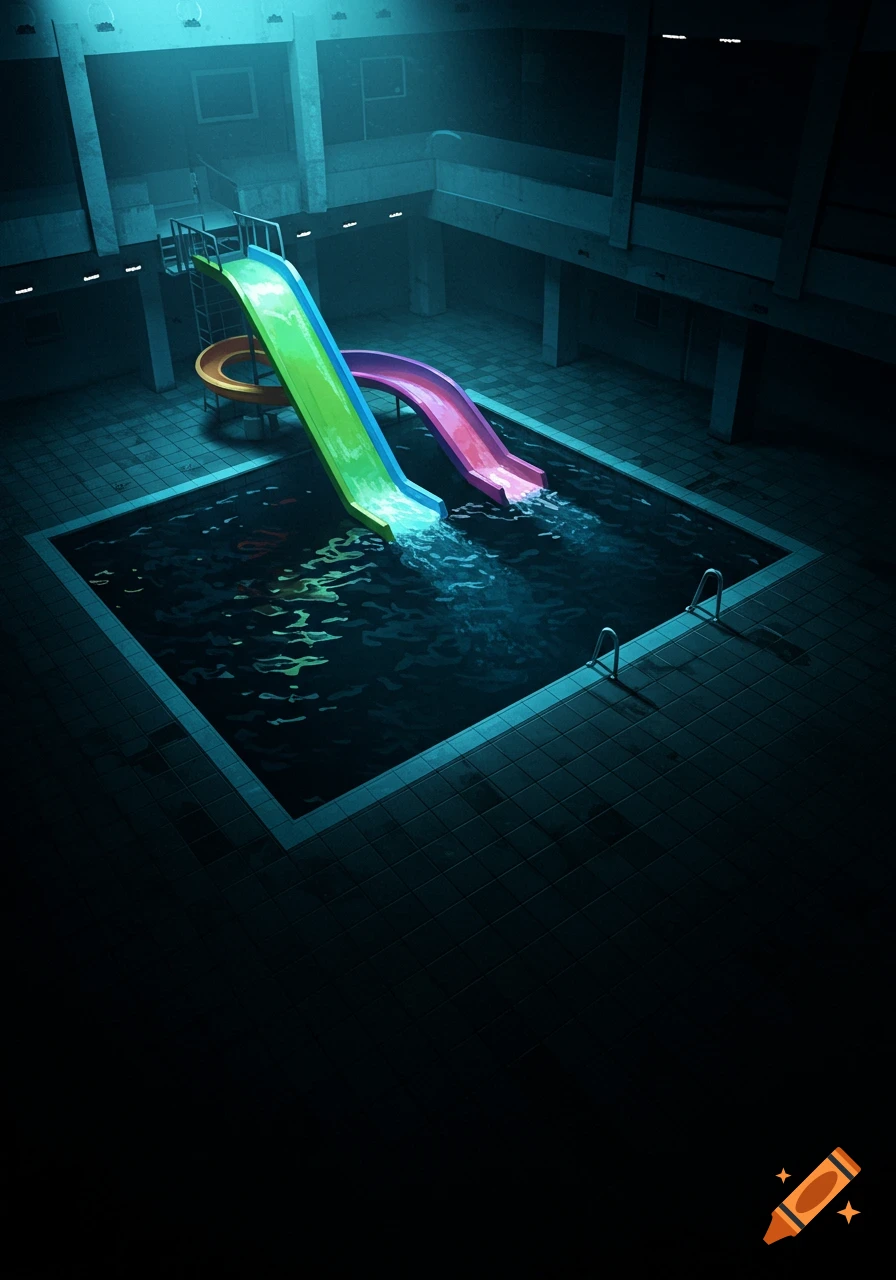 A dark indoor swimming pool with colorful slides and murky water.