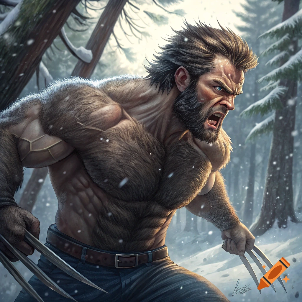 Muscular man with claws roaring in a snowy forest illustration