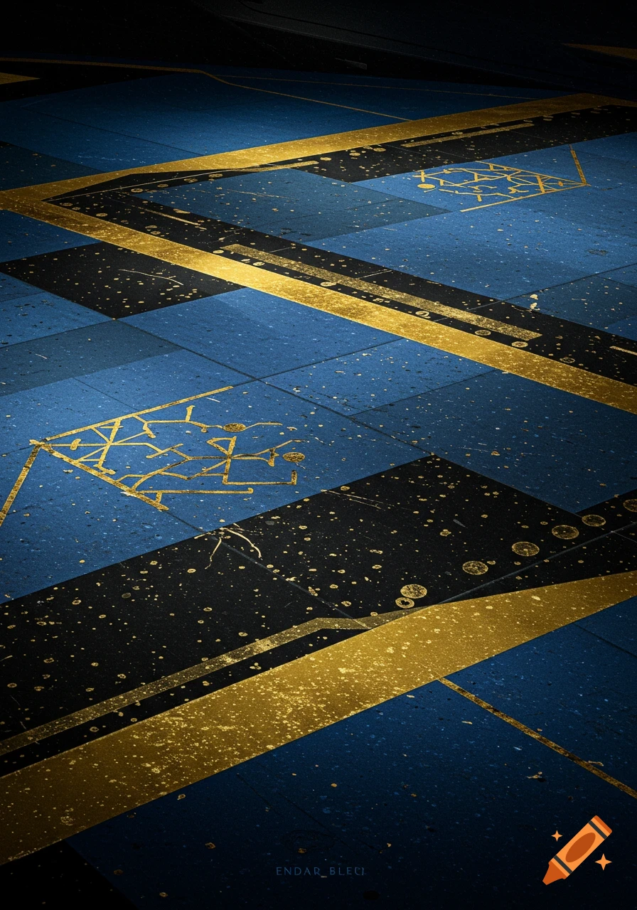 Abstract pattern of blue, black, and gold shapes and lines.
