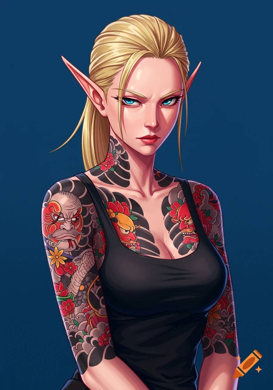 Portrait of a blonde female elf with blue eyes, yakuza tattoos, and a black tank top