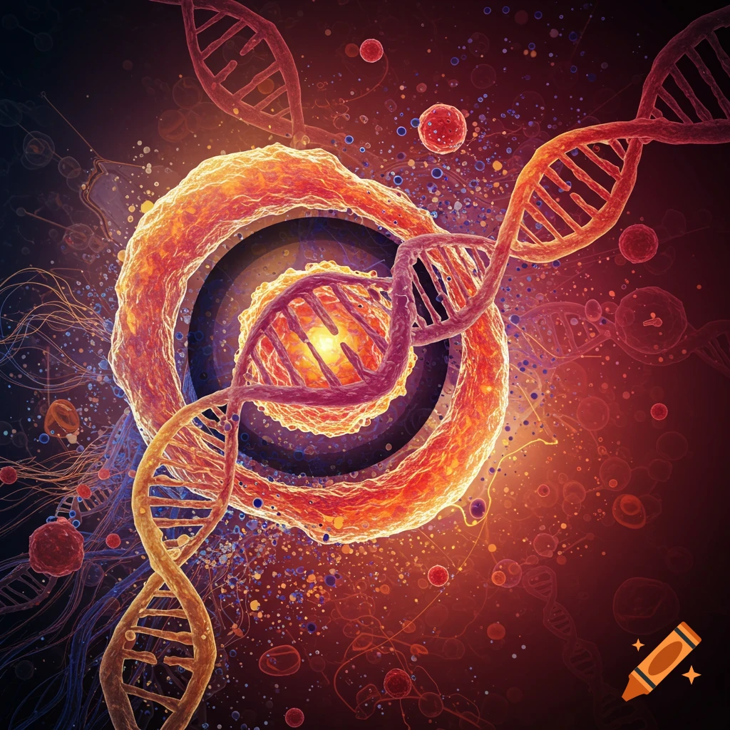 Abstract representation of a cell, DNA, and atoms.