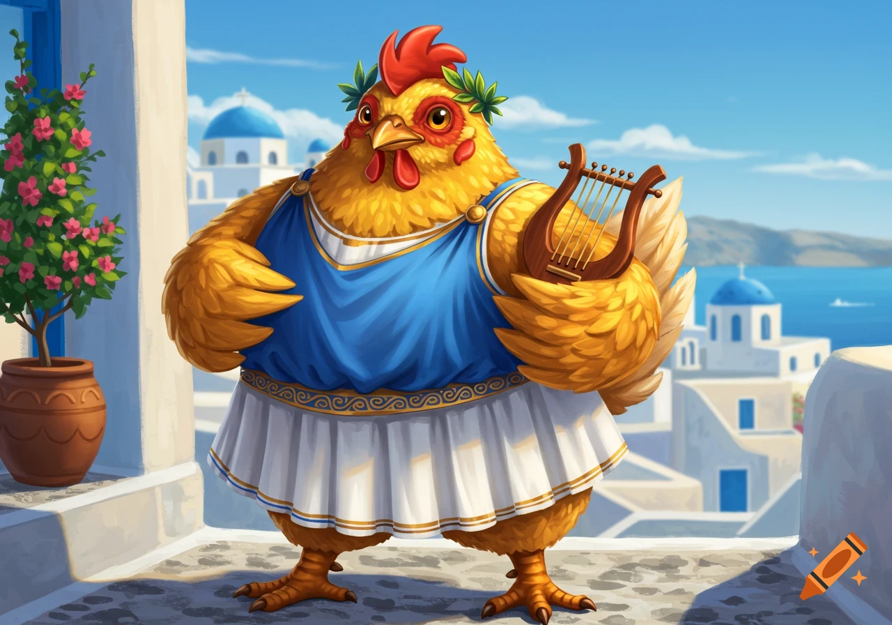 A chicken in a Greek tunic and laurel wreath holds a lyre on a patio overlooking a Greek island village.