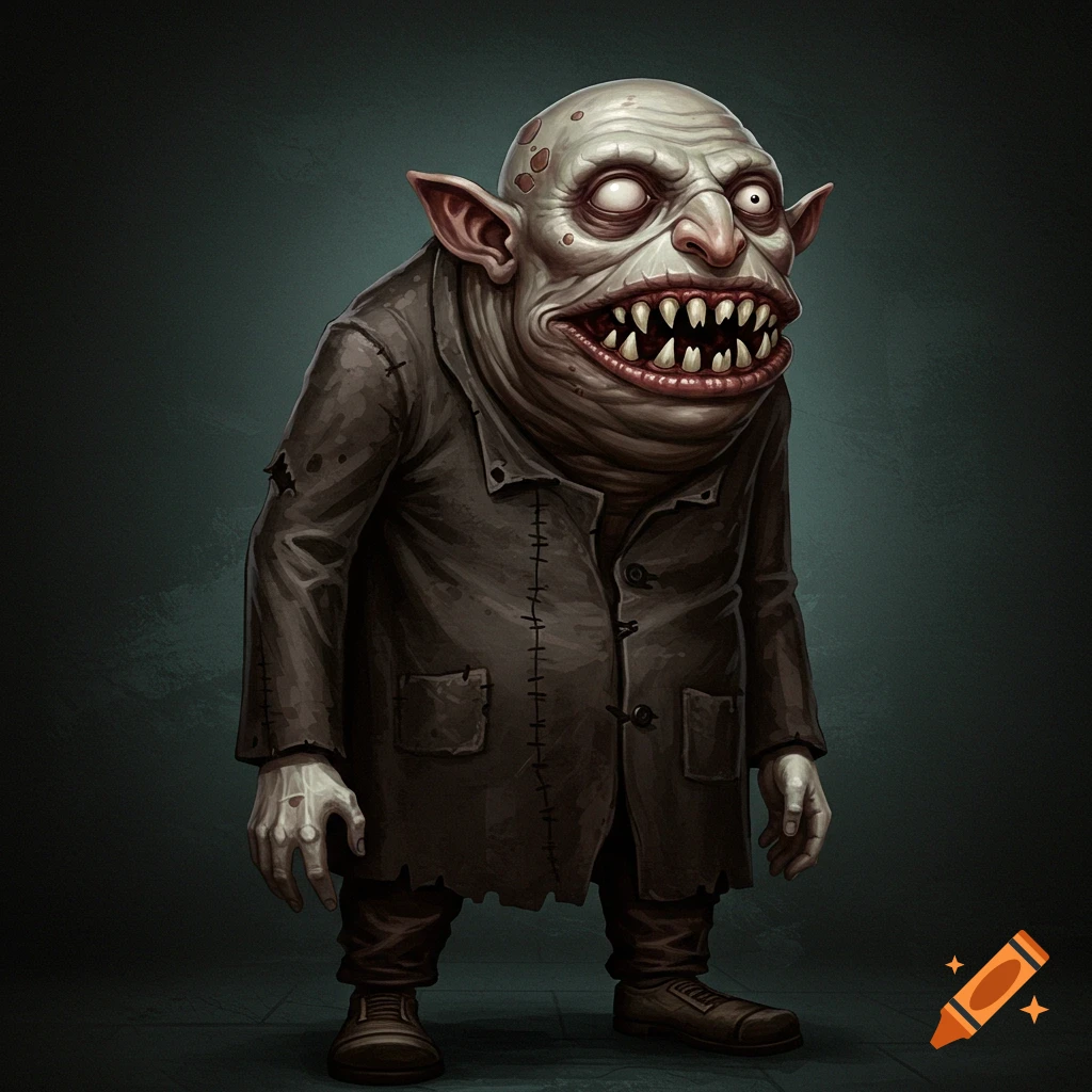 A pale, grotesque creature in a tattered coat with sharp teeth and large ears.