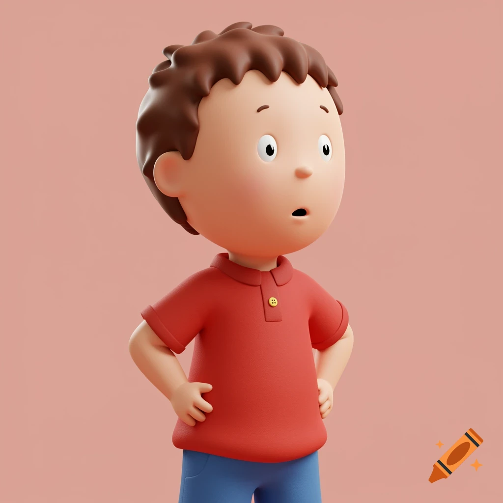 3D rendering of a cartoon boy with brown hair, red shirt, and blue pants, standing with hands on hips on a pink background.