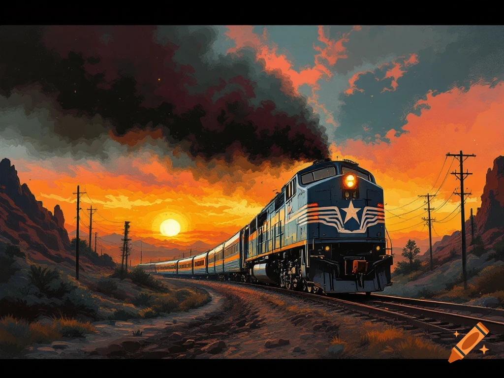 A blue train travels through a desert landscape at sunset.