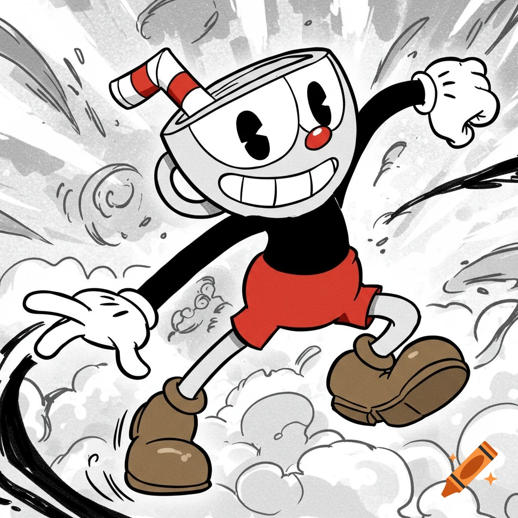 Cartoon character Cuphead running in an action pose with swirling background.