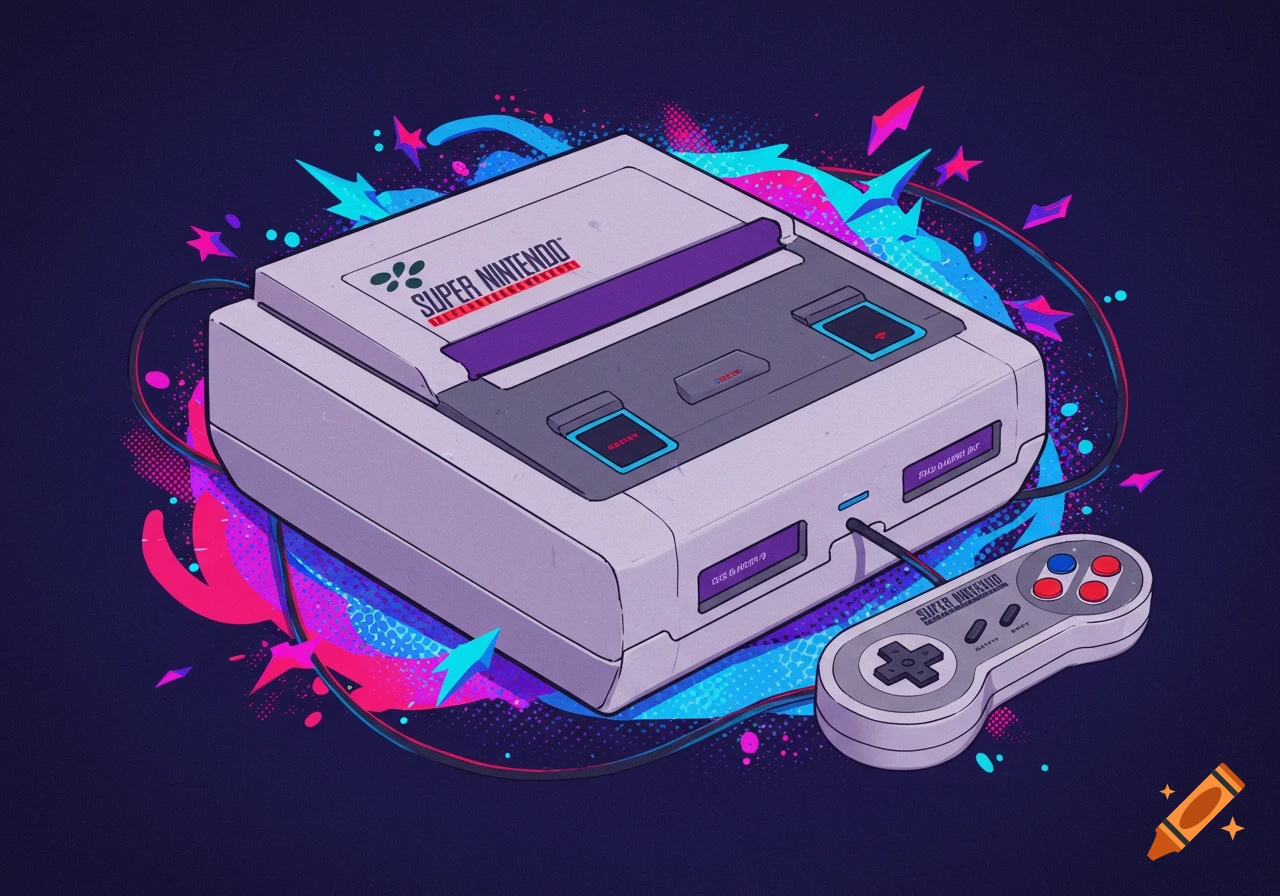 A Super Nintendo console and controller with abstract colorful shapes.