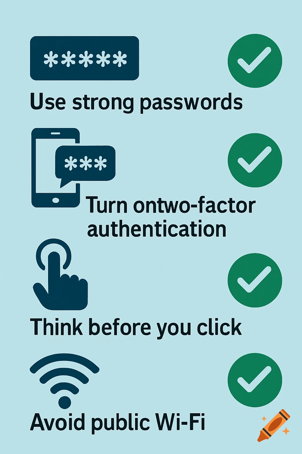 An infographic with icons and text providing cybersecurity tips like using strong passwords, two-factor authentication, thinking before clicking, and avoiding public Wi-Fi.