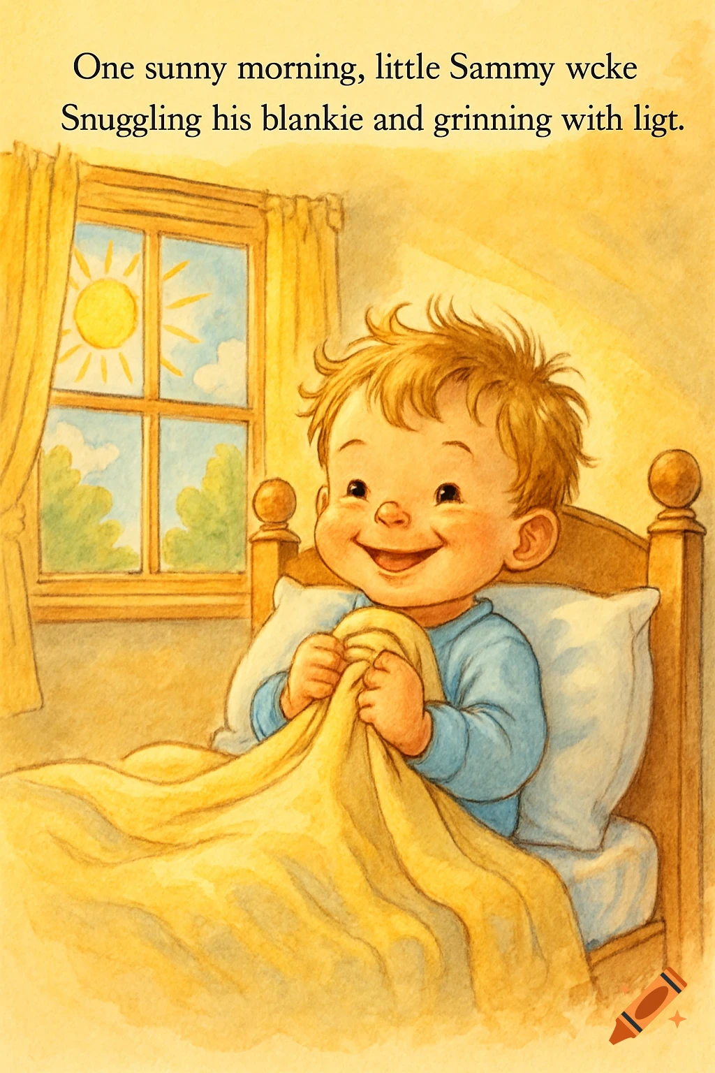 Children's illustration of a happy child waking up in bed, snuggling a yellow blanket.