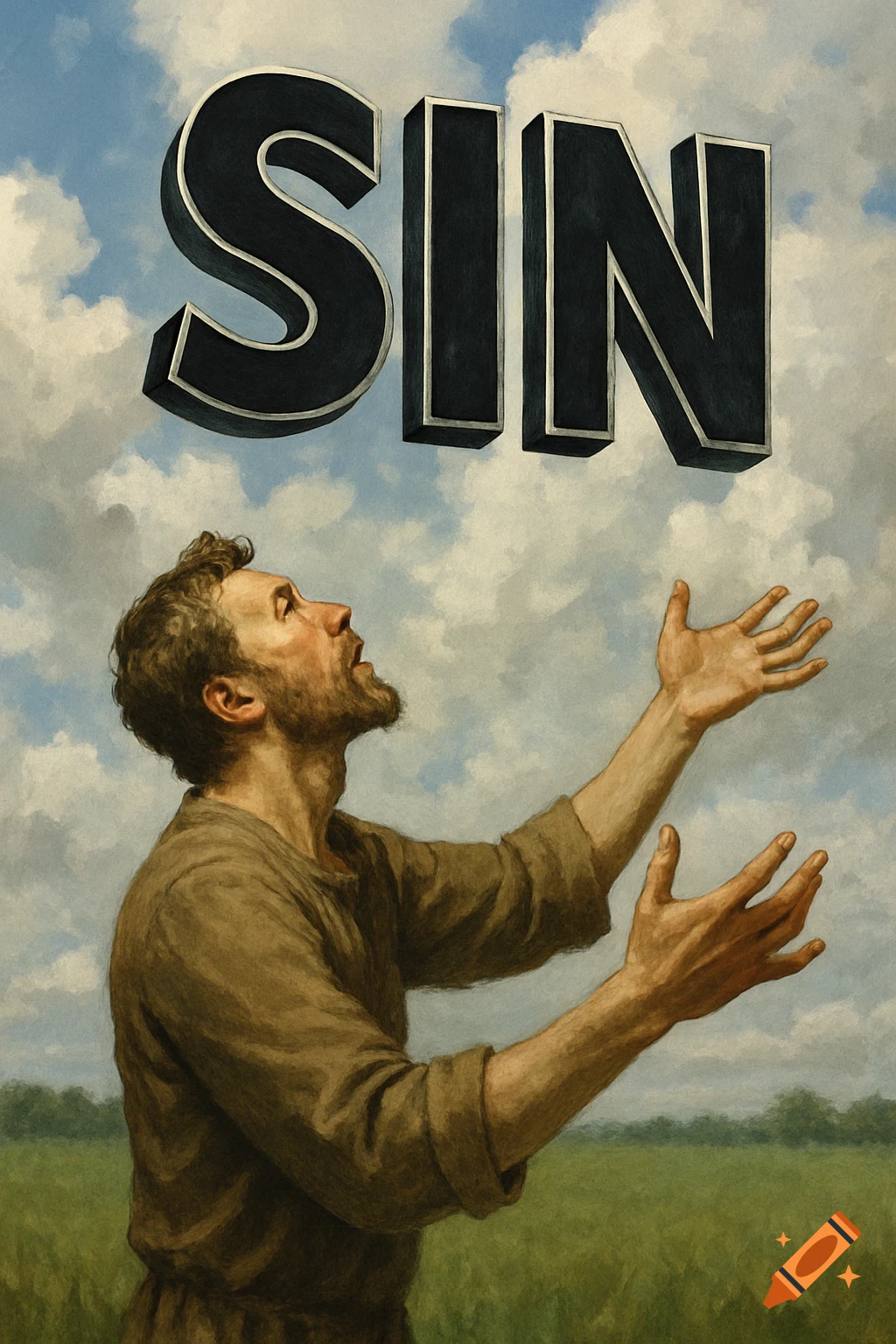 a man looking up at the word 'SIN' in the sky above a field