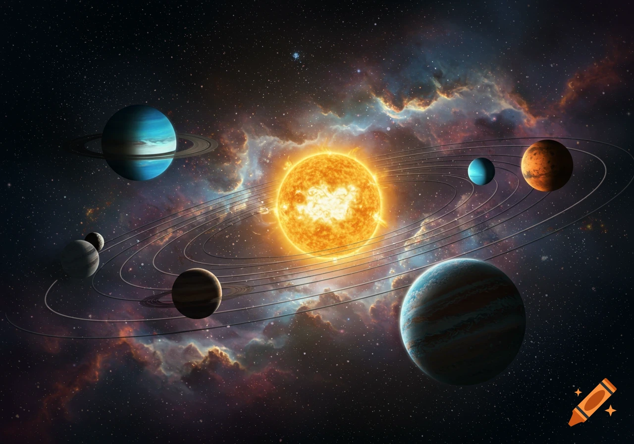 The solar system in space with a nebula background, showing the sun, planets, and their orbits.