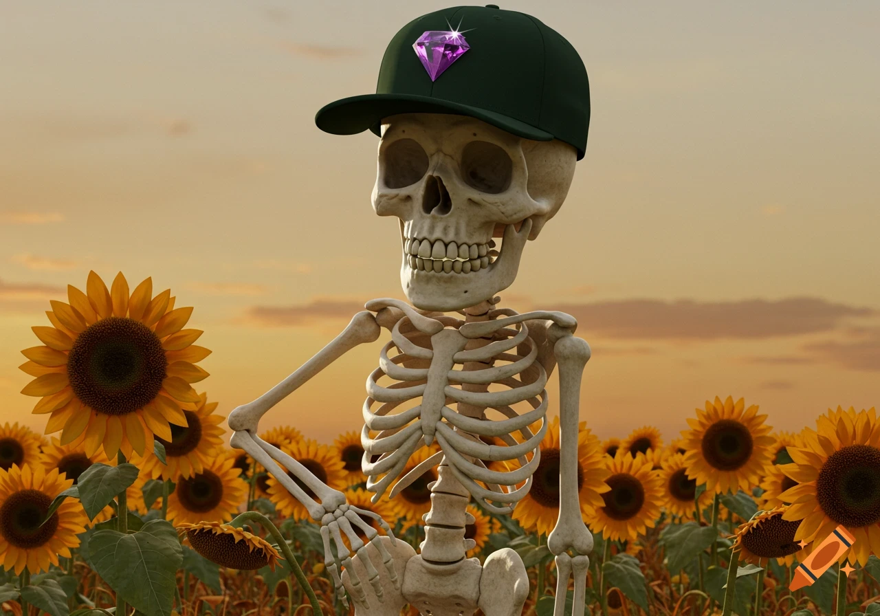 A skeleton wearing a dark baseball cap with a purple diamond stands in a field of sunflowers at sunset.
