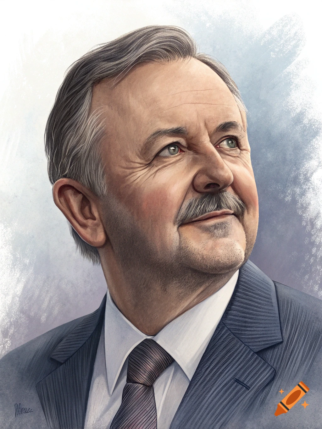 Painted portrait of a man in a suit looking upwards.
