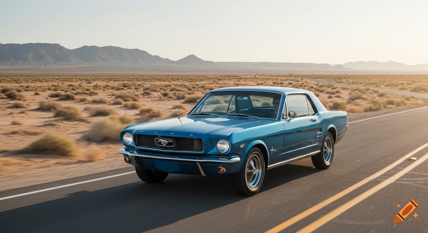 A blue 1965 Ford Mustang drives down a desert road.