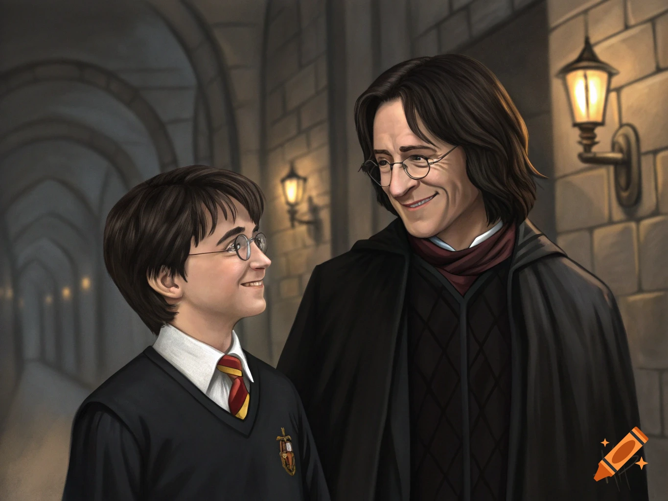 Illustration of a young Harry Potter and Severus Snape smiling at each other in a corridor.