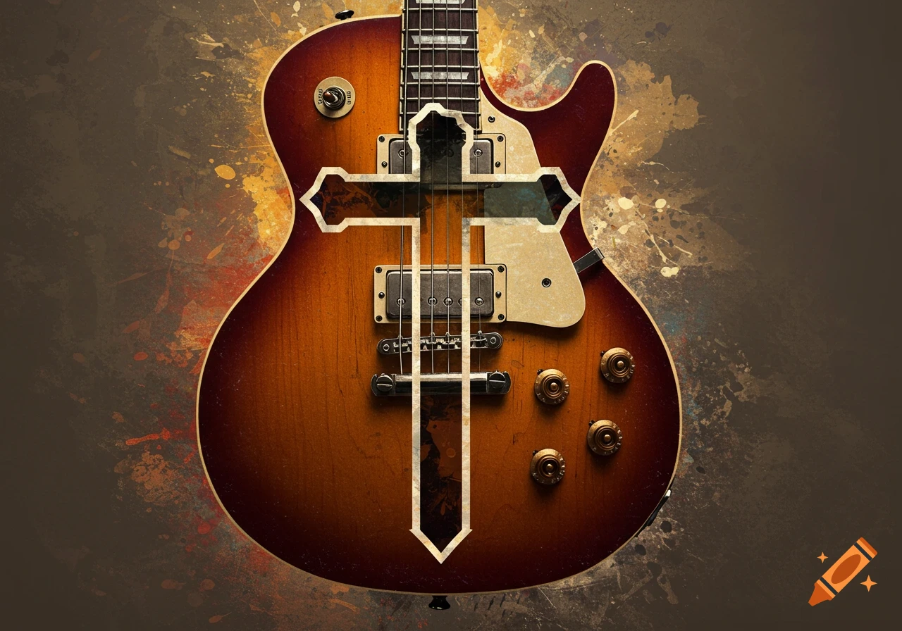 An electric guitar with a cross design.