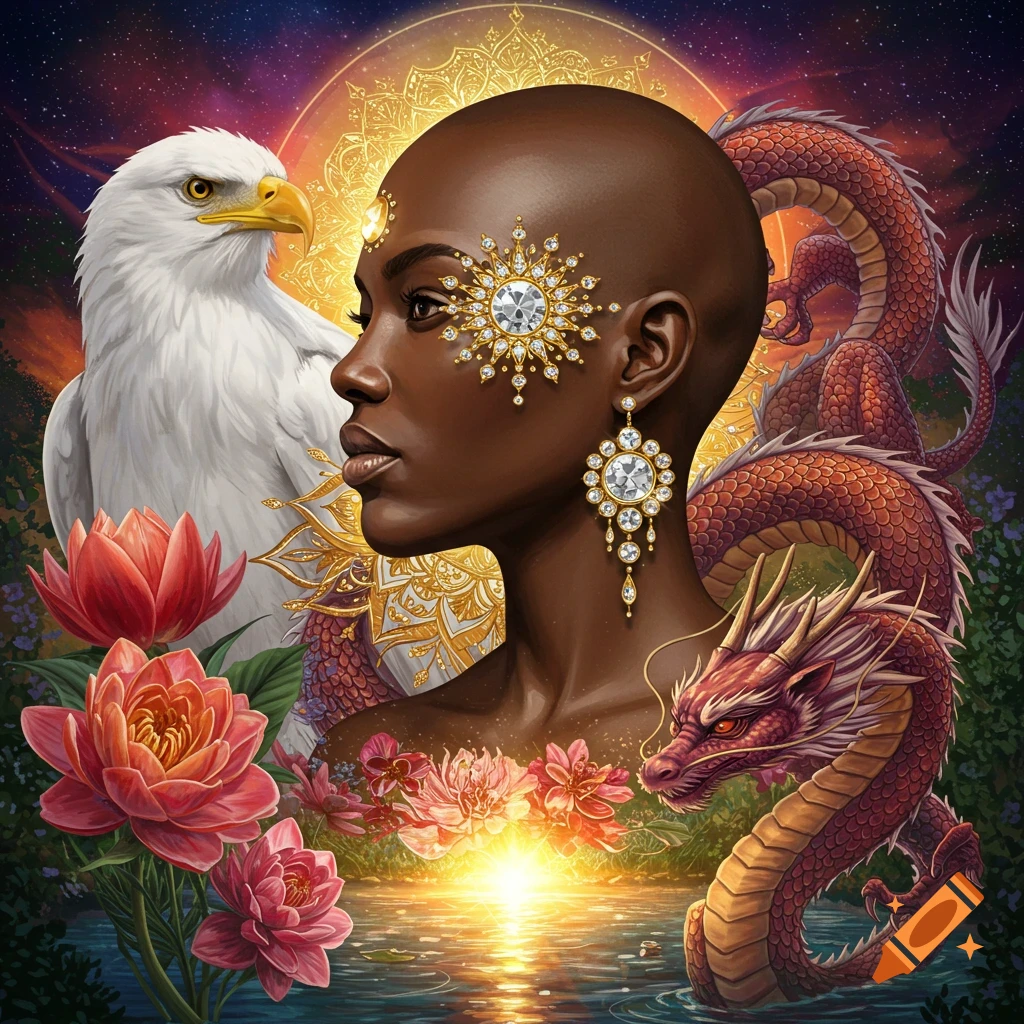 Bald Black woman with elaborate gold and diamond face jewelry and earrings, surrounded by a white eagle, red dragons, lotus flowers, water, and a starry sky with a glowing sun mandala.