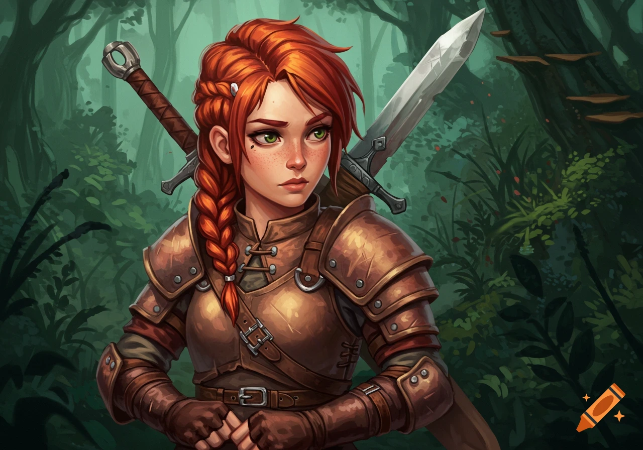 A red-haired female monster hunter in armor with a sword in a forest.