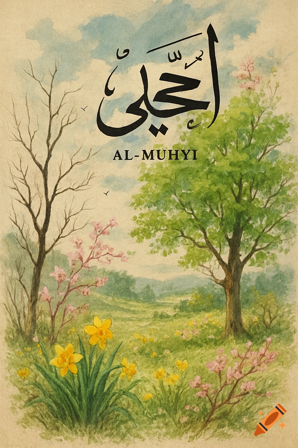 A spring landscape with trees, flowers, and Arabic calligraphy above "AL-MUHYI".