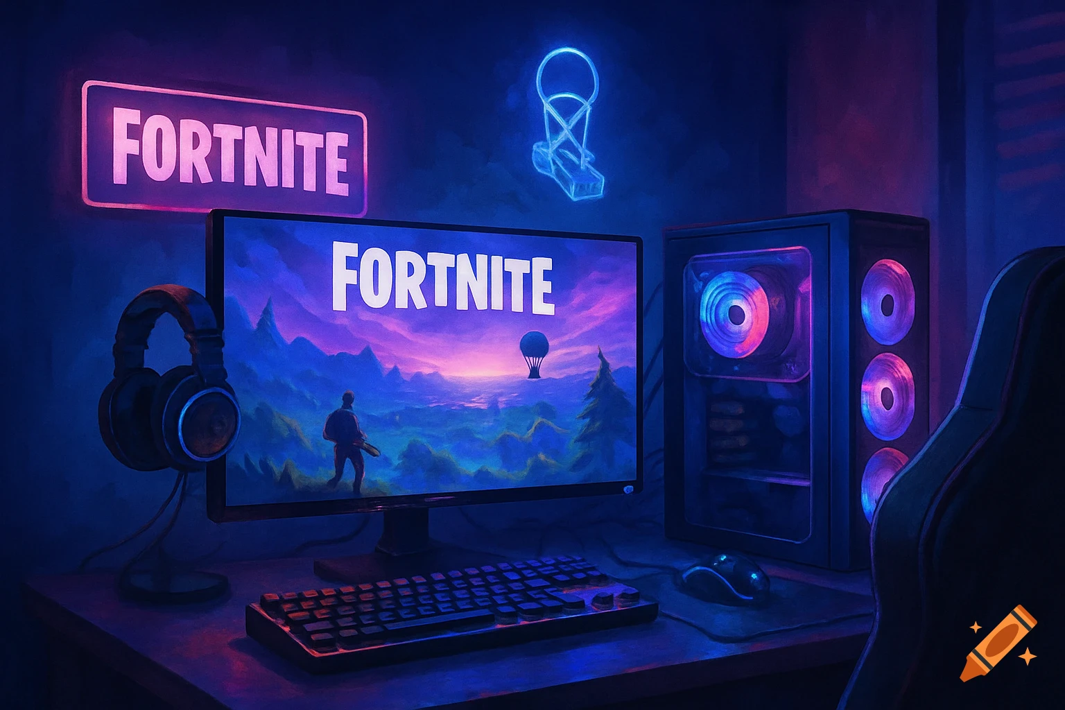 A gaming setup with glowing neon lights, monitor, keyboard, mouse, PC, and headphones.
