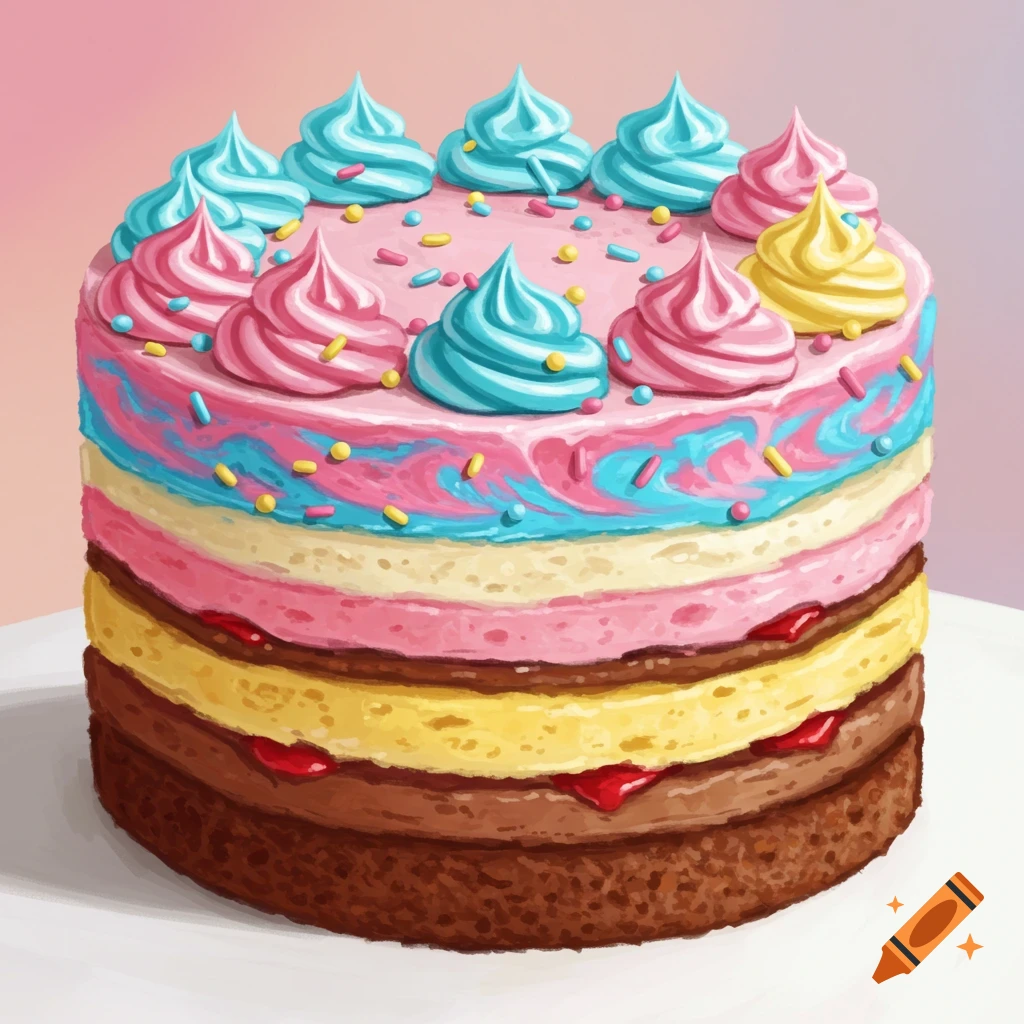 A colorful layered birthday cake with frosting and sprinkles.