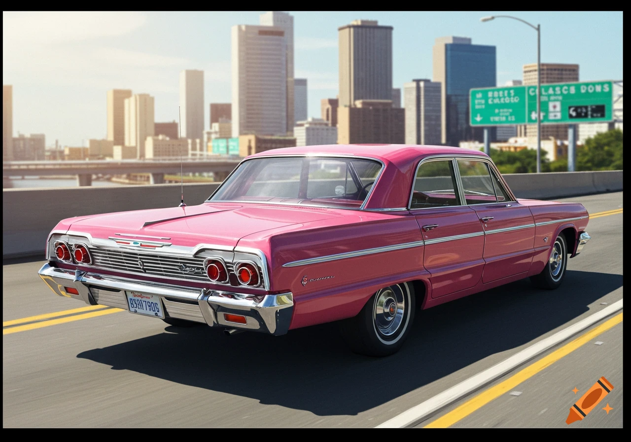 A pink 1964 Impala sedan drives on a highway with a city skyline in the background.