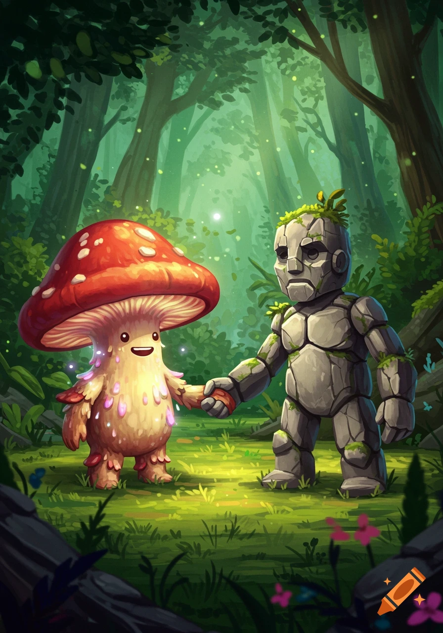 A whimsical mushroom character and a stone character shake hands in a vibrant fantasy forest.