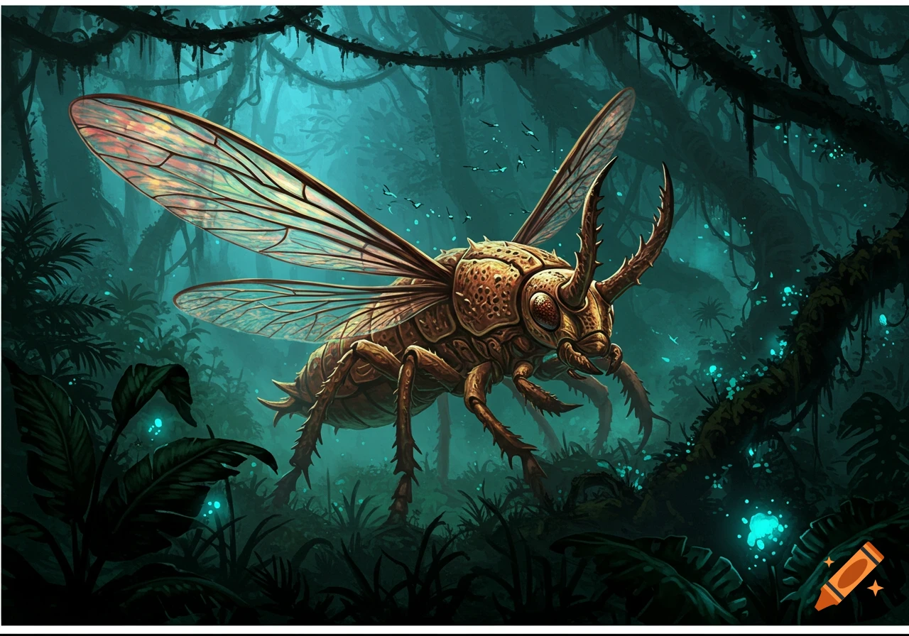 Large winged beetle-like creature in a glowing jungle