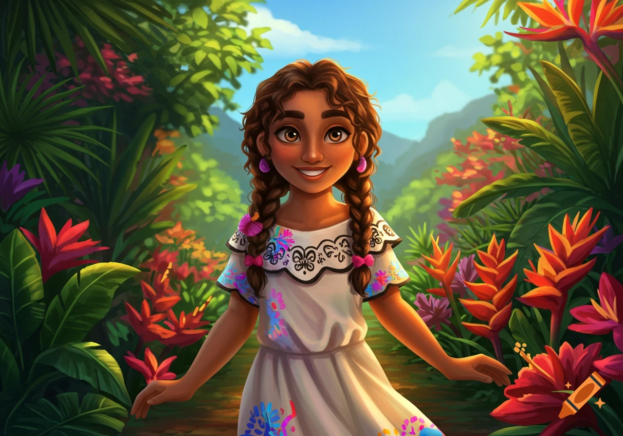 A Latina girl with braided hair smiles in a tropical setting.