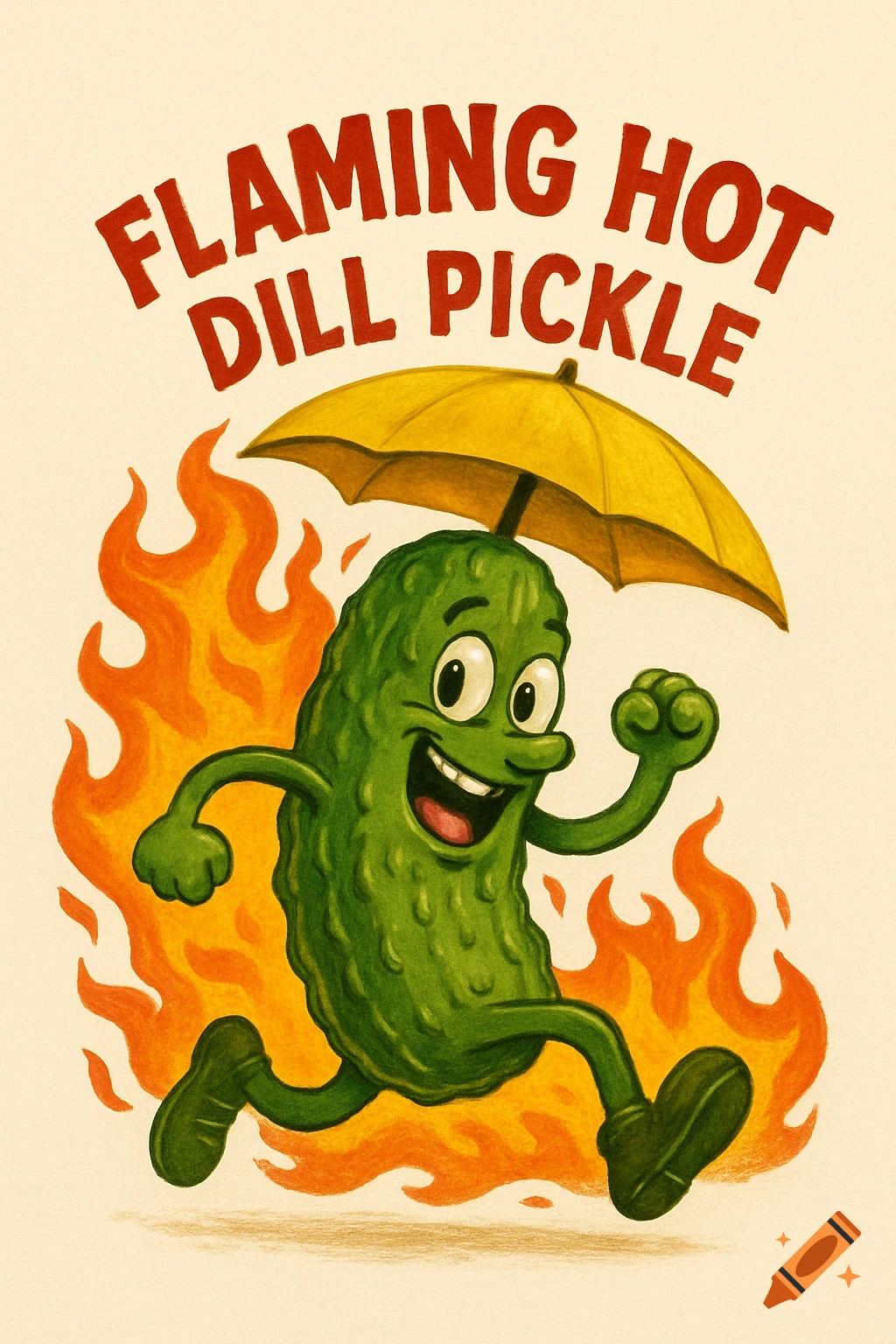 Cartoon pickle running through flames holding yellow umbrella with text 'Flaming Hot Dill Pickle'.