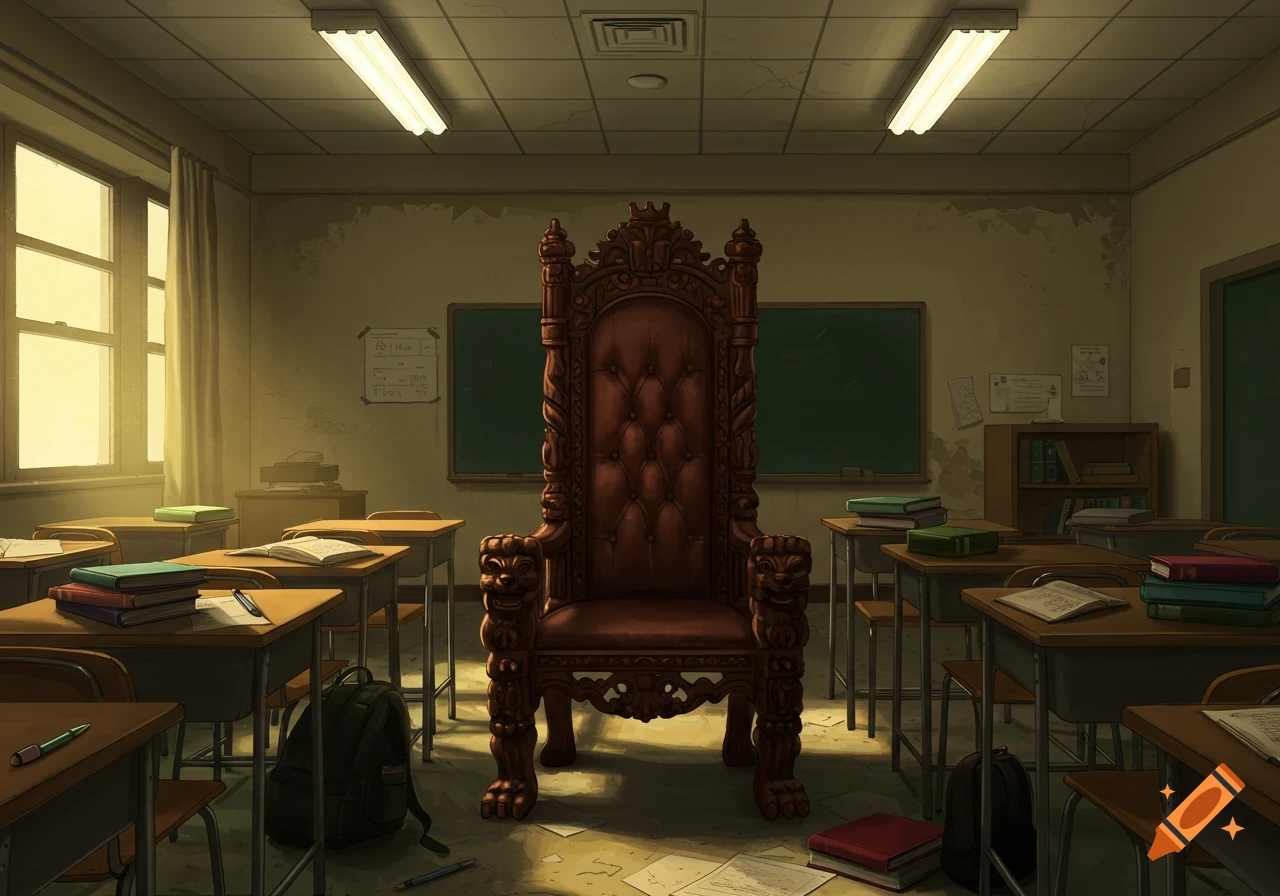 An ornate throne is placed in the middle of a classroom that contains desks, books, and a whiteboard.