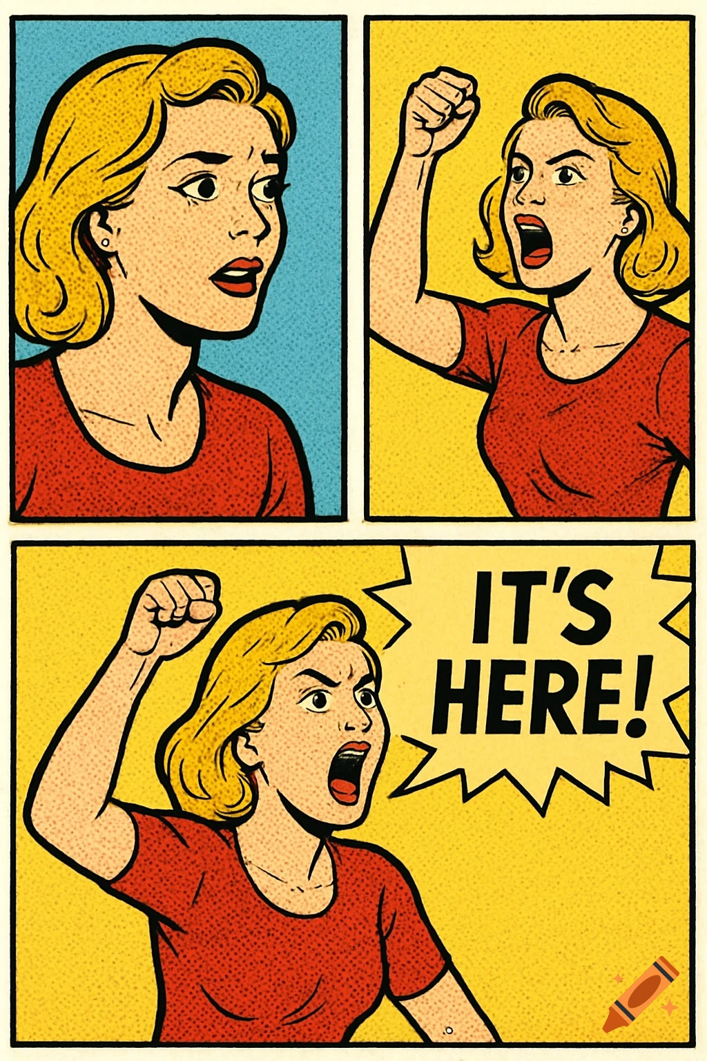 Four-panel comic strip of a woman yelling 'IT'S HERE!' in a retro pop art style.