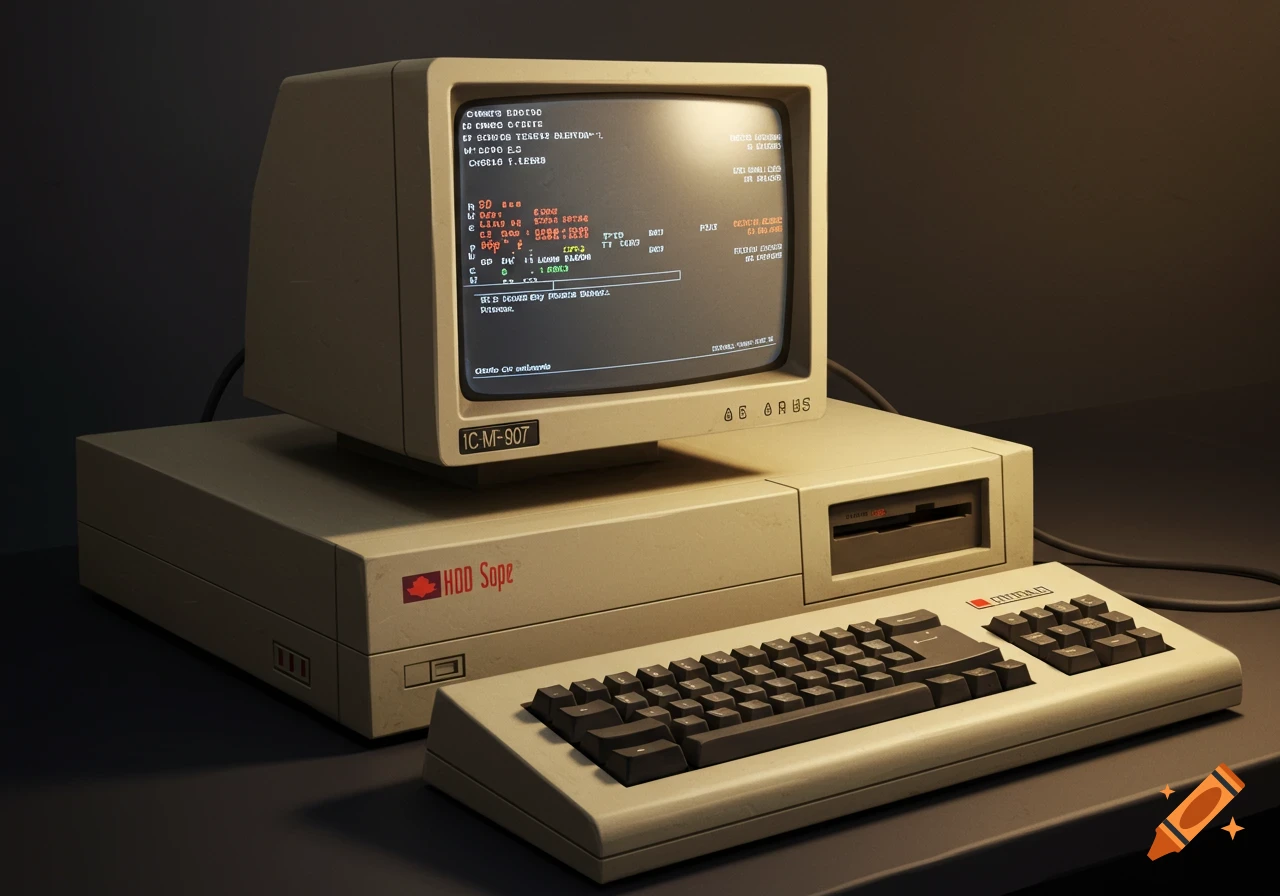 A vintage computer, monitor, and keyboard setup.