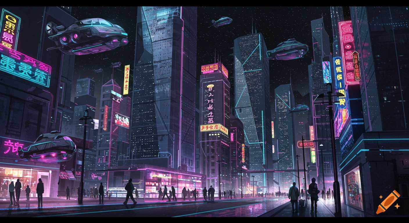 A futuristic city street at night with tall buildings, neon signs, flying vehicles, and pedestrians.